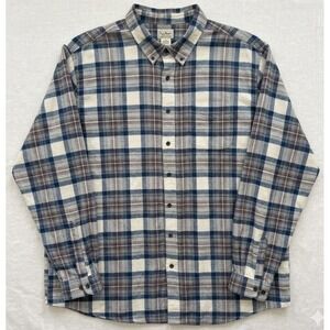 LL Bean Flannel Shirt Mens XXL Tall Blue Brown Plaid Cotton Heavyweight Outdoor